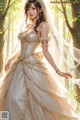 A woman in a wedding dress standing in the woods.