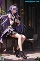 A woman with long purple hair sitting on a chair.