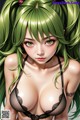 A woman with green hair wearing a black bra and panties.