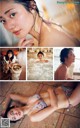 A collage of photos of a woman in a bathtub.