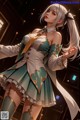 A woman in a green and white outfit holding a sword.